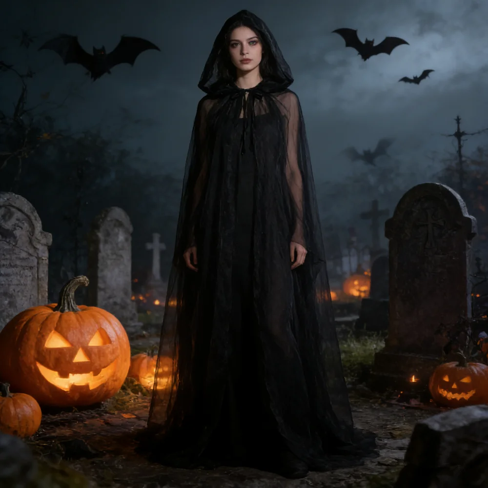Women'S Vampire Accessories - Black Bridal Shawl Witch Cosplay Cloak